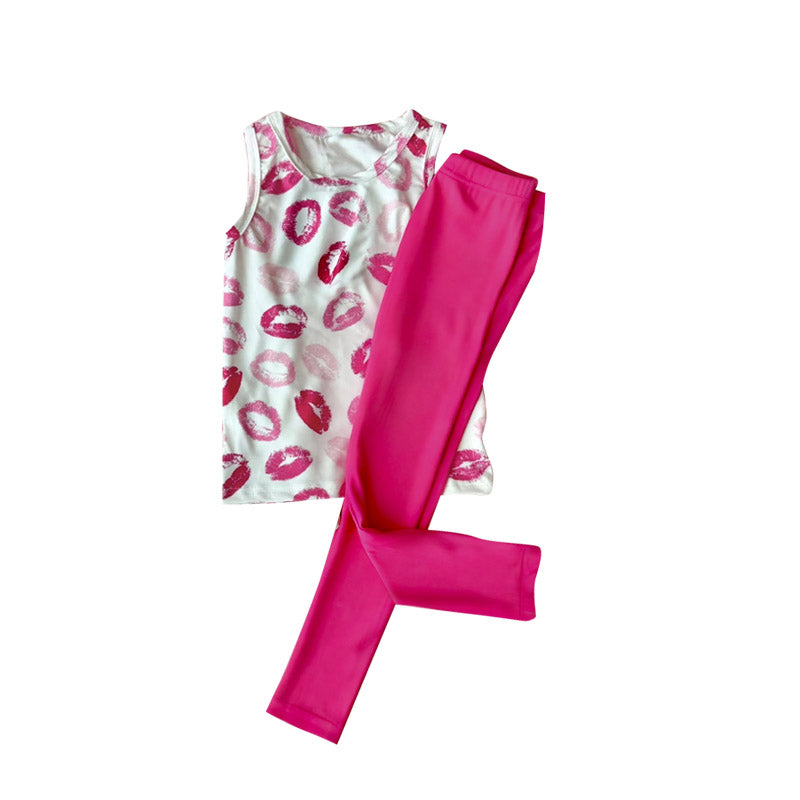 11.5 GSPO2191 Pre order No Moq Baby Girls Pink Mouths Vest Top Leggings Pant Valentine Clothes Sets