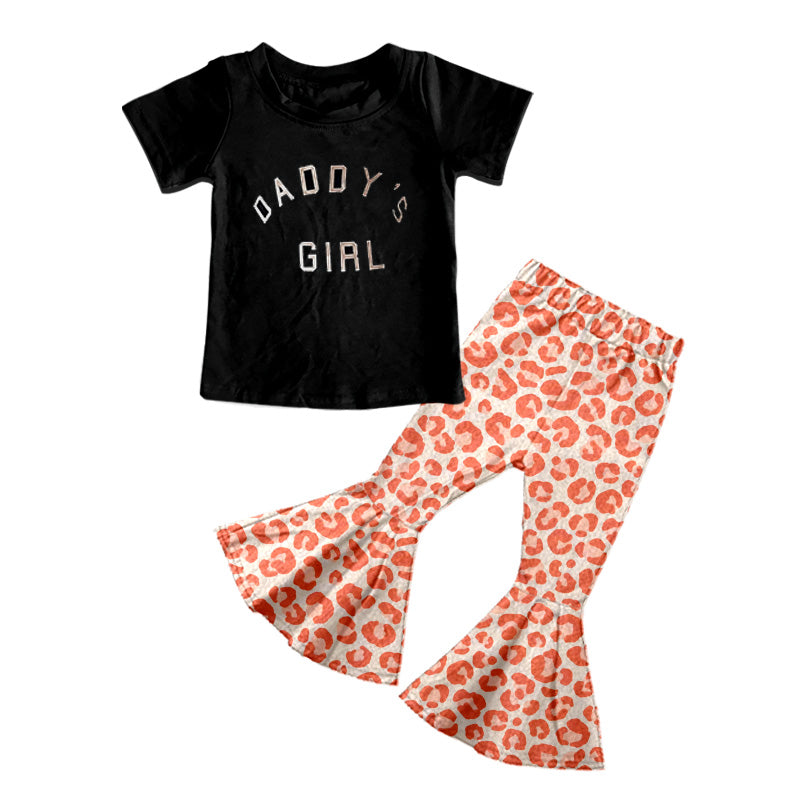 11.6 GSPO2193 Pre order No Moq Baby Girls Daddy's Girl Shirts Pink Leopard Bell Bottom Pants Clothes Sets