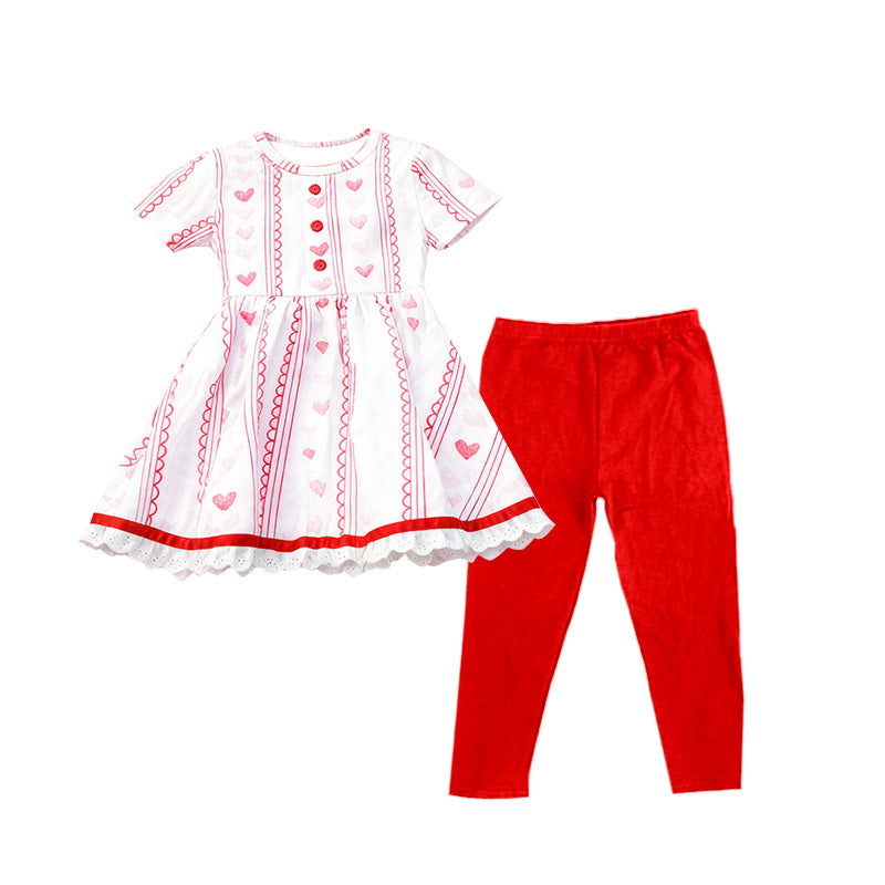 11.7 GSPO2194 Pre order No Moq Baby Girls Hearts Stripe Button Tunic Leggings Pants Valentine Clothes Sets