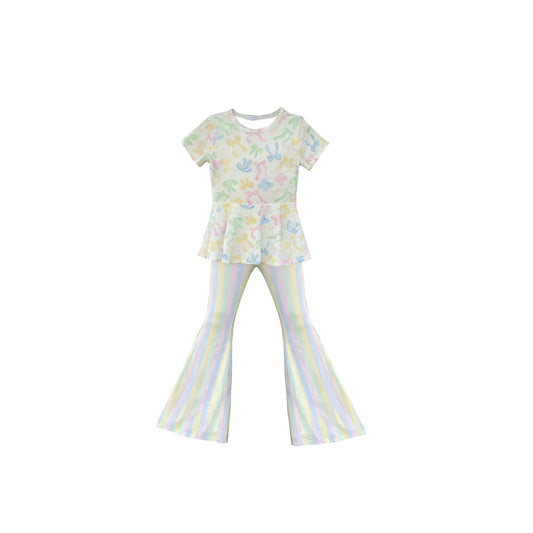 11.8 GSPO2196 Pre order No Moq Baby Girls Colorful Bows Tunic Stripes Bell Bottom Pants Clothes Sets