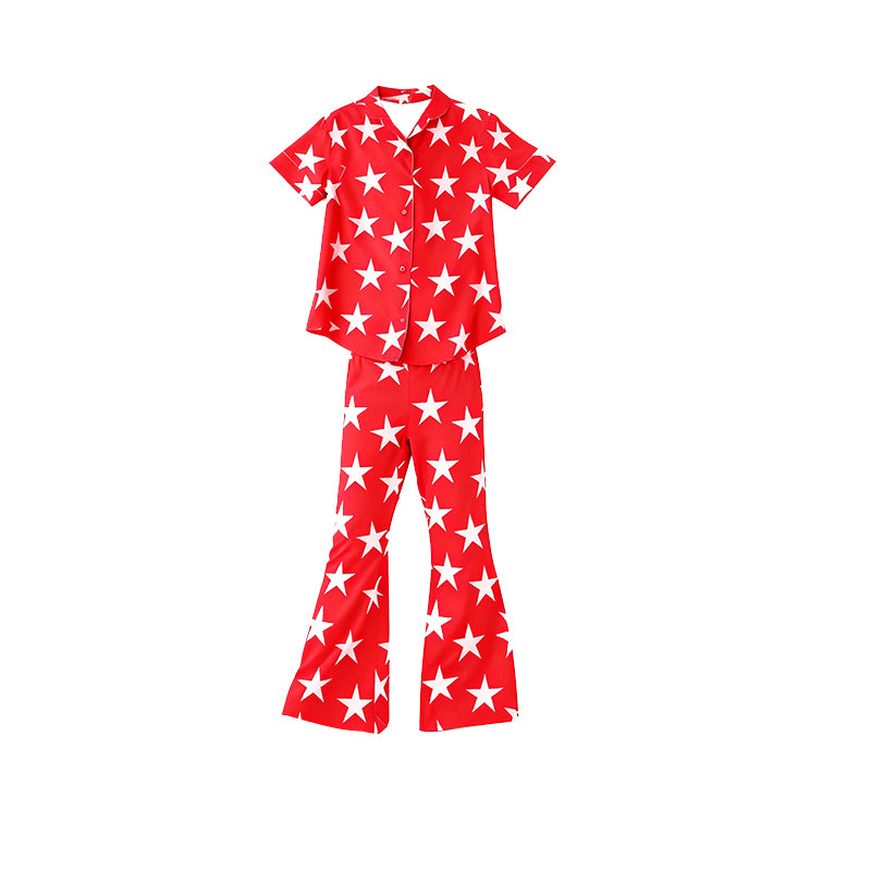 11.13 GSPO2200 Pre order No Moq Baby Girls Red Stars Button Top Flare Pants 4th of July Pajamas Sets