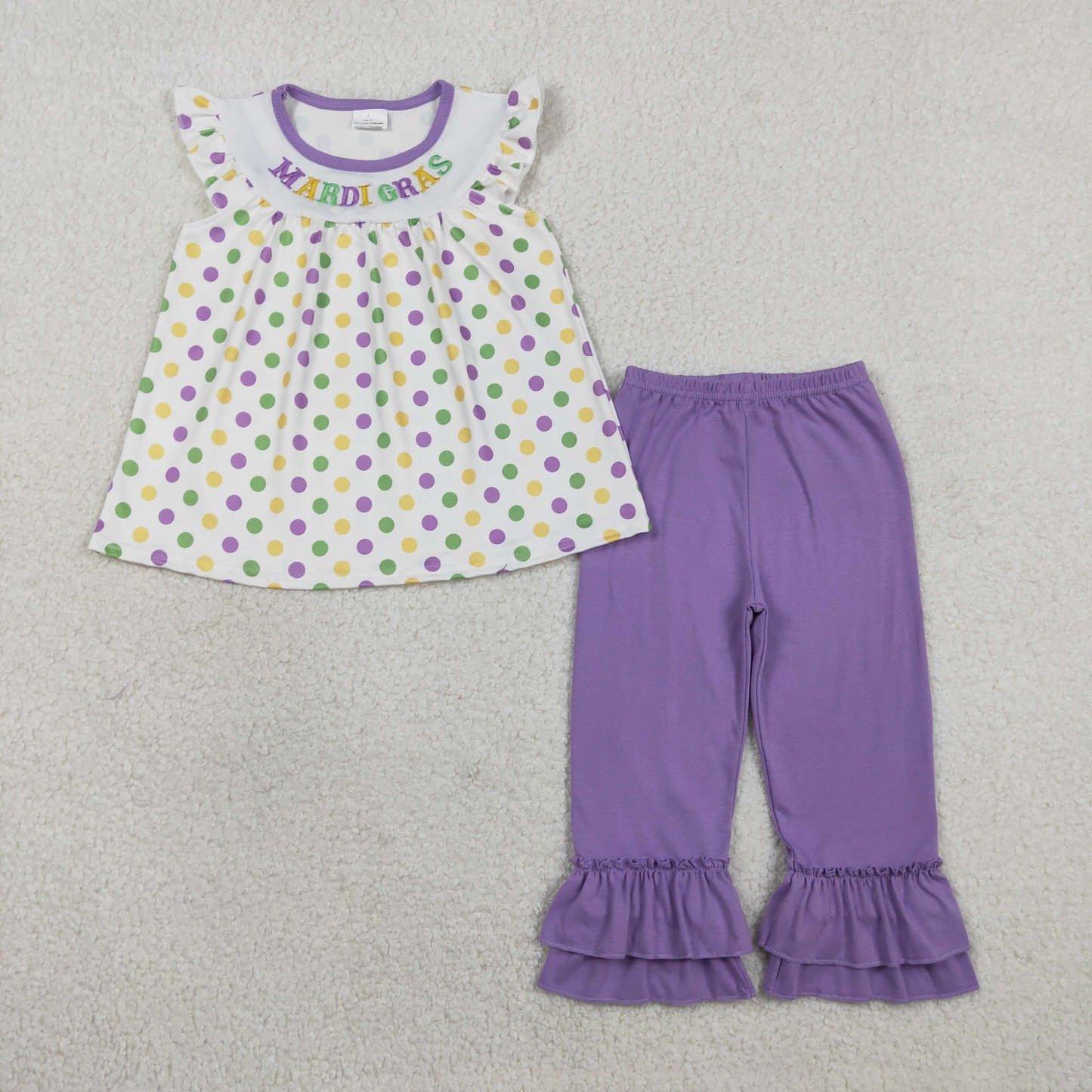 1.23 RTS NO MOQ （In stock）GSPO2205 Embroidery Mardigras Baby Girls Polka Dots Tunic Ruffle Pants Clothes Sets