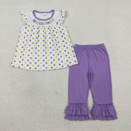 1.23 RTS NO MOQ （In stock）GSPO2205 Embroidery Mardigras Baby Girls Polka Dots Tunic Ruffle Pants Clothes Sets