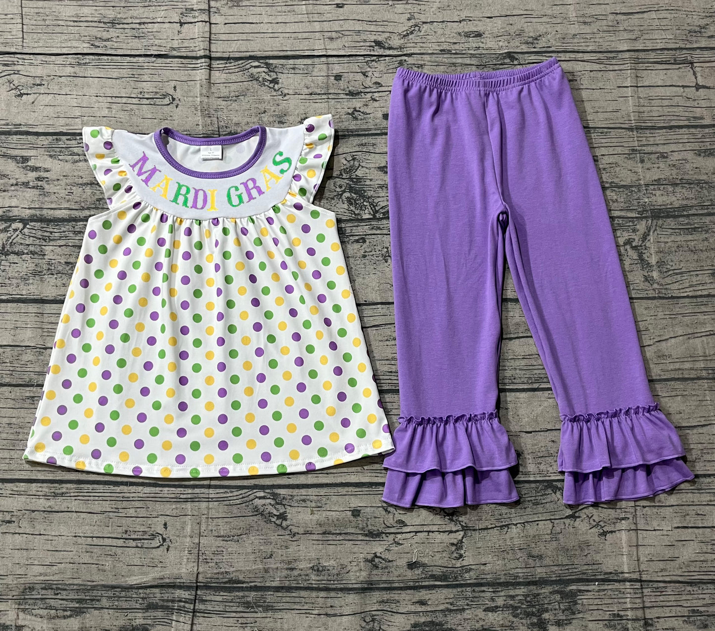 12.26 GSPO2205 Smple No Moq Embroidery Mardigras Baby Girls Polka Dots Tunic Ruffle Pants Clothes Sets
