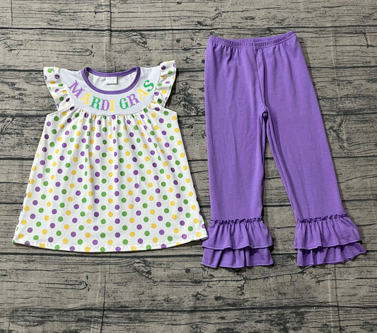 12.26 GSPO2205 Smple No Moq Embroidery Mardigras Baby Girls Polka Dots Tunic Ruffle Pants Clothes Sets