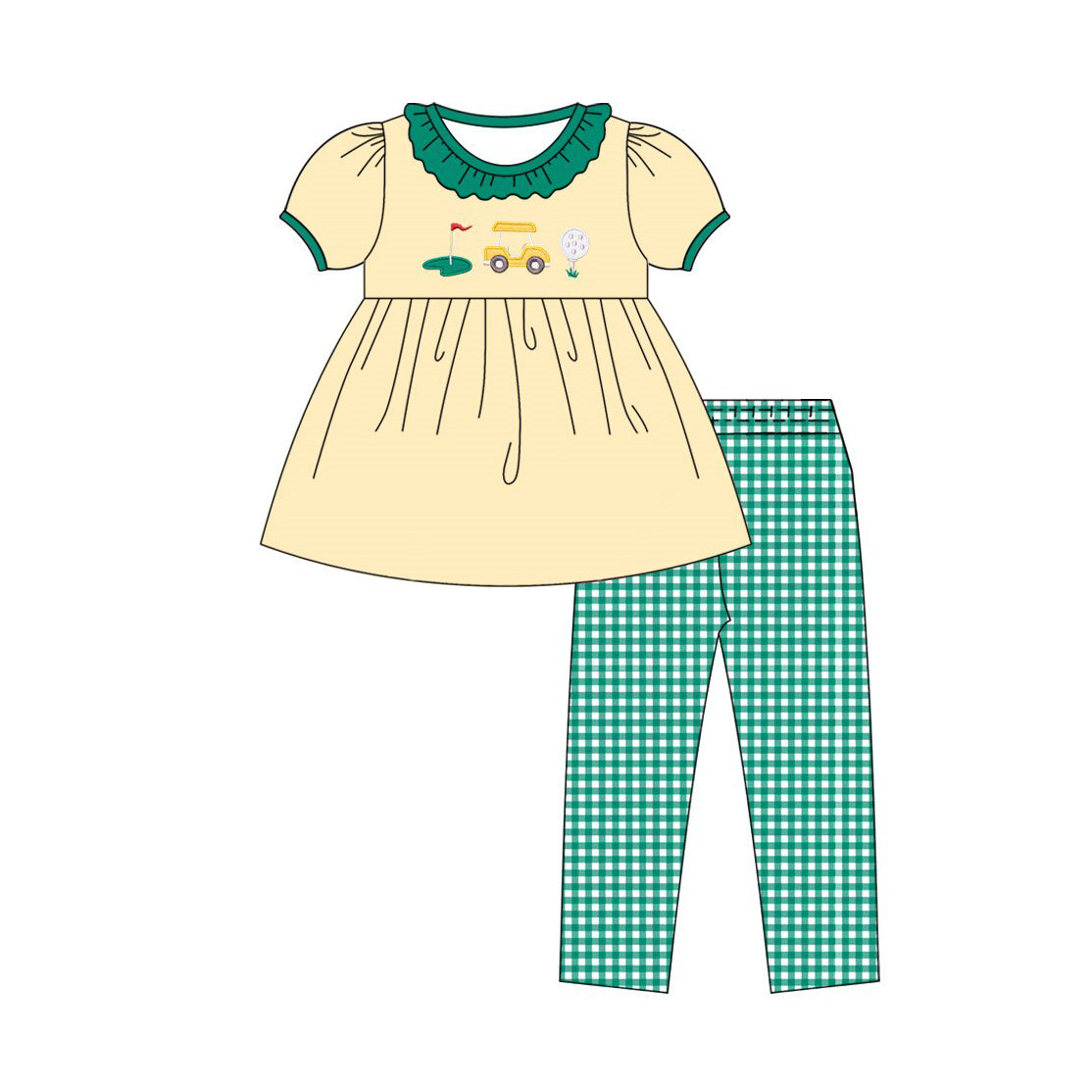 11.18 GSPO2207 Pre order No Moq Baby Girls Golf Trucks Collar Tunic Green Checked Leggings Clothes Sets
