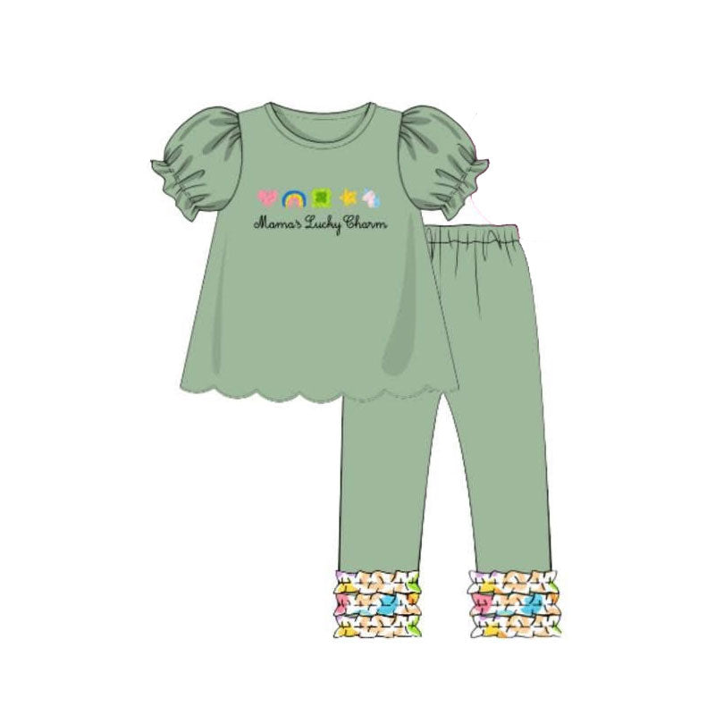 11.19 GSPO2208 Pre order No Moq Baby Girls Clovers Rainbows Tunic Ruffle Leggings St Patrick Clothes Sets