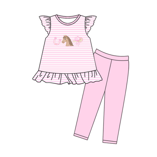 11.19 GSPO2209 Pre order No Moq Baby Girls Pink Stripe Horses Hats Tunic Leggings Western Clothes Sets