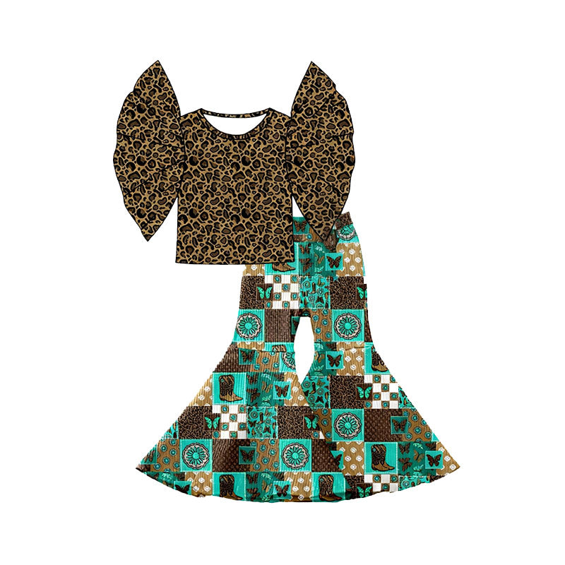 11.20 GSPO2211 Pre order No Moq Baby Girls Leopard Bell Sleeve Top Boots Bell Bottom Pants Western Clothes Sets