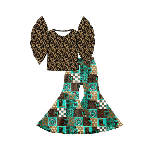 11.20 GSPO2211 Pre order No Moq Baby Girls Leopard Bell Sleeve Top Boots Bell Bottom Pants Western Clothes Sets