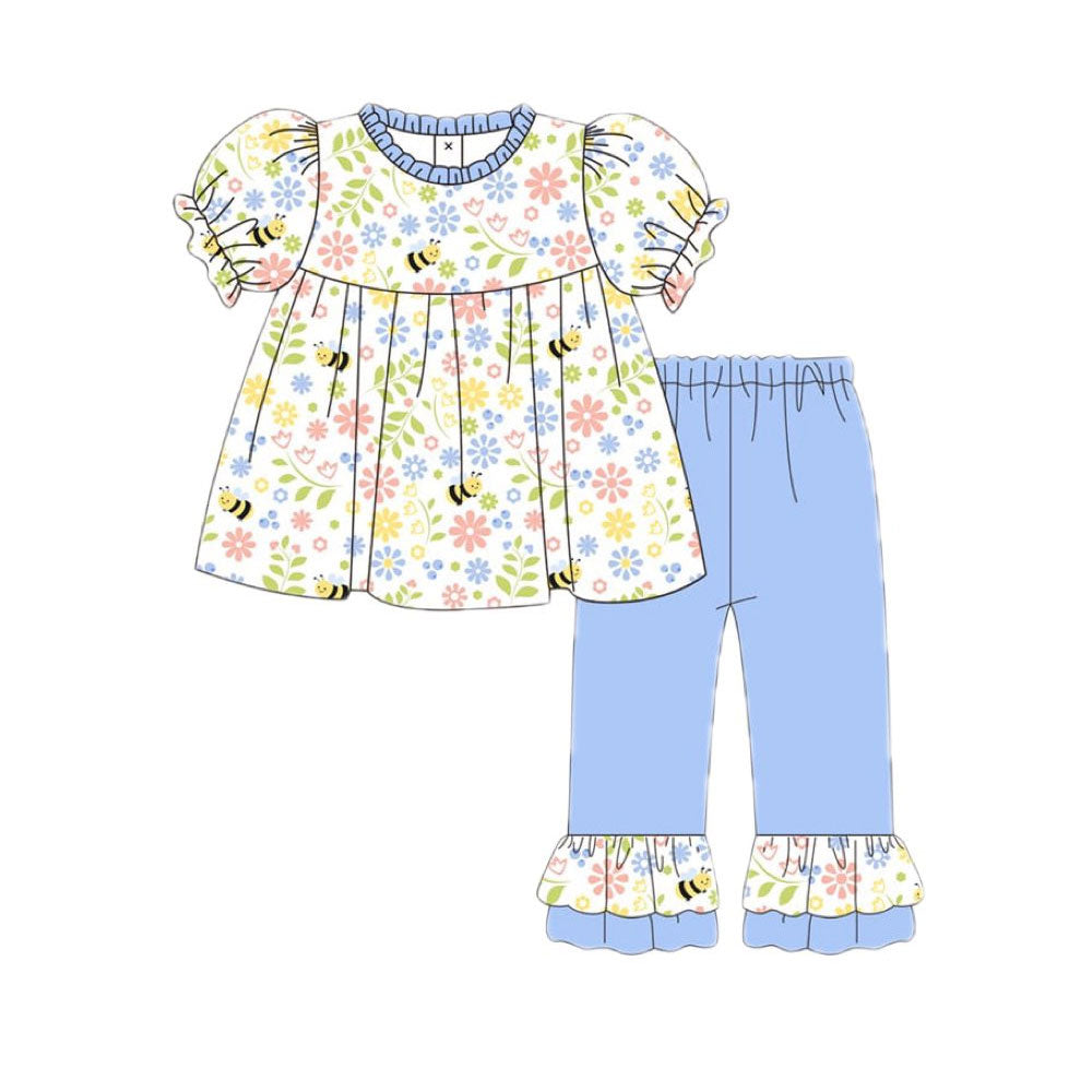 11.20 GSPO2213 Pre order No Moq Baby Girls Short Sleeve Floral Bee Tunic Ruffle Pants Clothes Sets