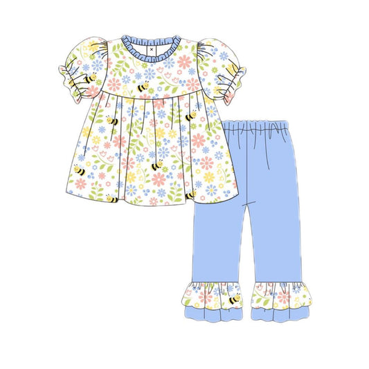 11.20 GSPO2213 Pre order No Moq Baby Girls Short Sleeve Floral Bee Tunic Ruffle Pants Clothes Sets