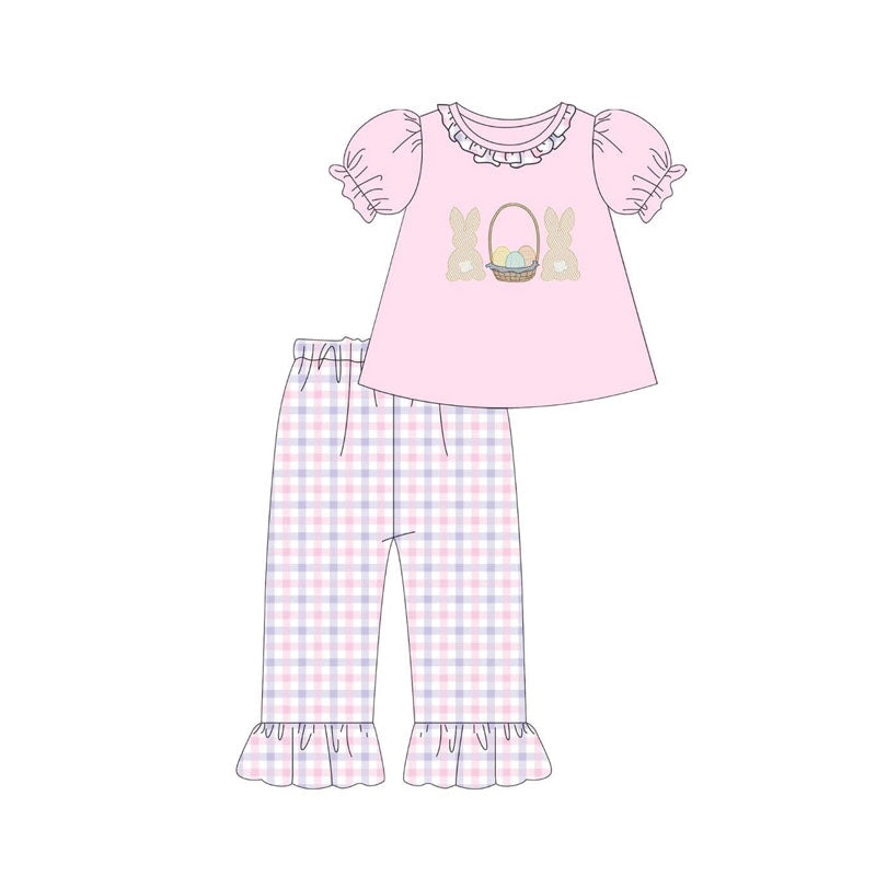 11.20 GSPO2214 Pre order No Moq Baby Girls Rabbits Eggs Collar Tunic Checked Ruffle Pants Easter Clothes Sets
