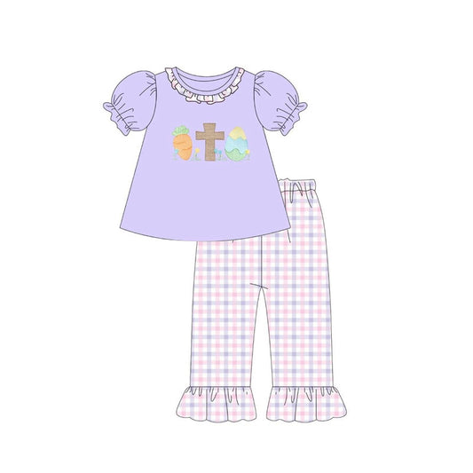 11.20 GSPO2215 Pre order No Moq Baby Girls Carrots Cross Eggs Collar Tunic Checked Ruffle Pants Easter Clothes Sets