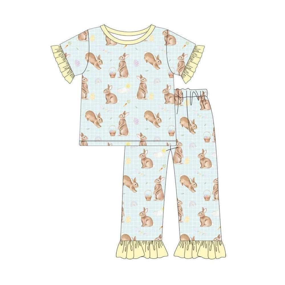 11.20 GSPO2216 Pre order No Moq Baby Girls Rabbits Eggs Checked Top Ruffle Pants Easter Pajamas Sets