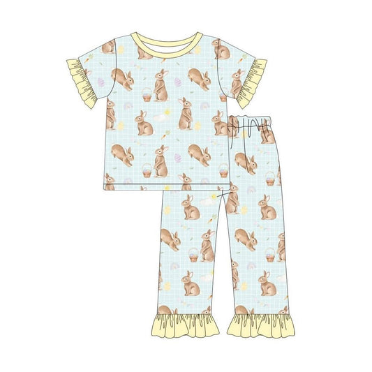 11.20 GSPO2216 Pre order No Moq Baby Girls Rabbits Eggs Checked Top Ruffle Pants Easter Pajamas Sets