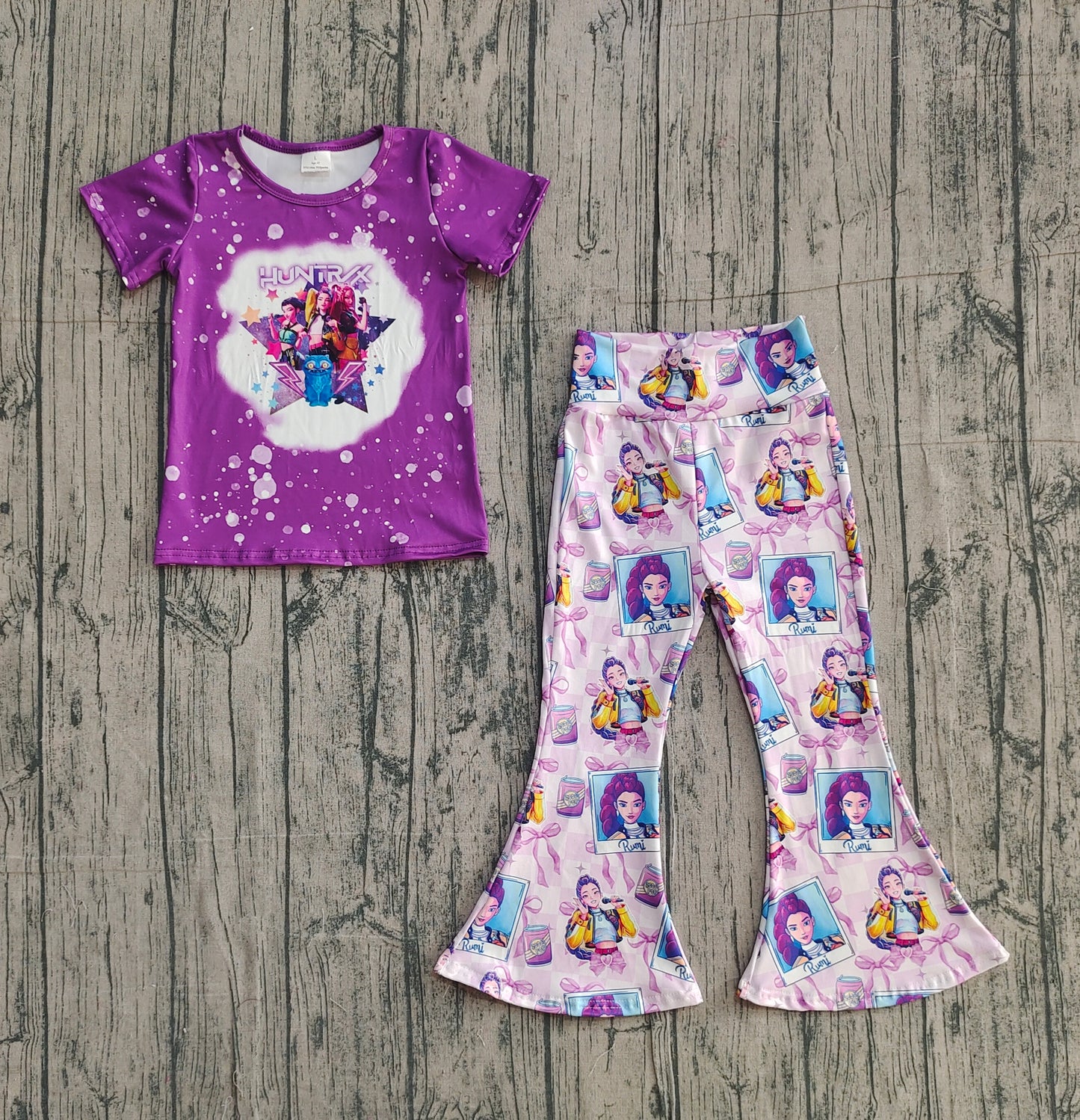 12.1 GSPO2227 Smple No Moq Baby Girls Purple Demon Hunter Top Bell Bottom Pants Clothes Sets