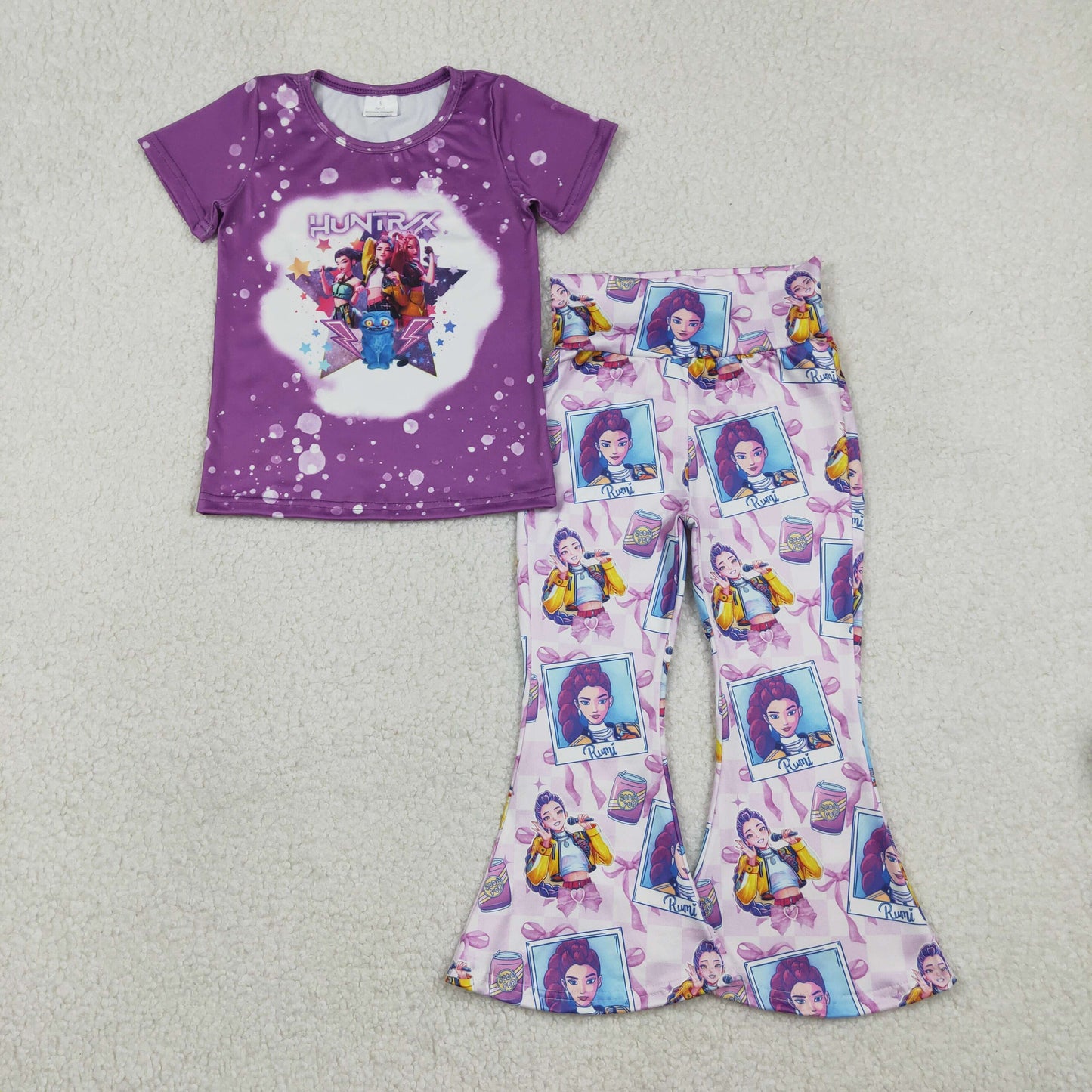 12.29 RTS NO MOQ （In stock）GSPO2227 Baby Girls Demon Hunter Top Bell Bottom Pants Clothes Sets