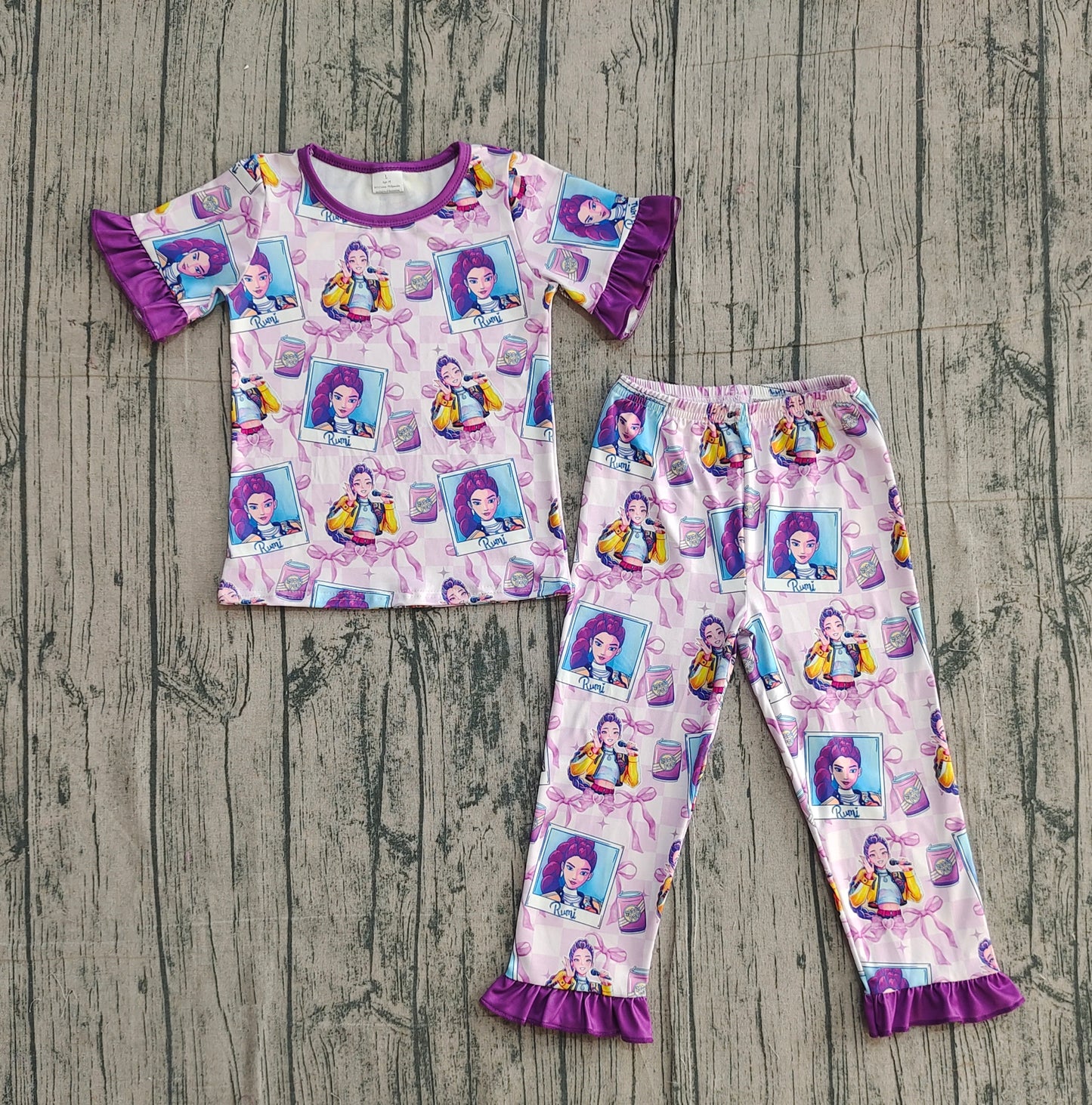 12.1 GSPO2228 Smple No Moq Baby Girls Purple Checked Demon Hunter Top Ruffle Pants Pajamas Sets