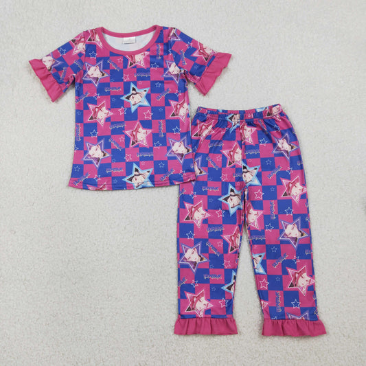 1.22 RTS NO MOQ （In stock）GSPO2230 Baby Girls Demon Hunter Stars Checked Top Ruffle Pants Pajamas Sets