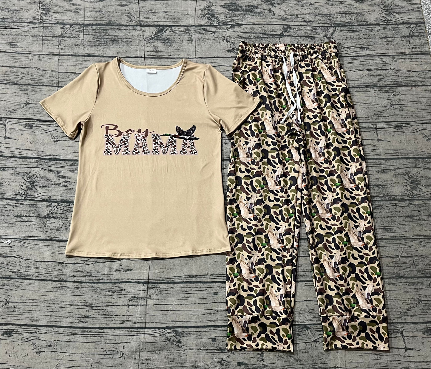 12.20 GSPO2231 Sample No Moq Adult Women Camo Mama's Boy Ducks Top Pockets Jogger Hunting Clothes Set