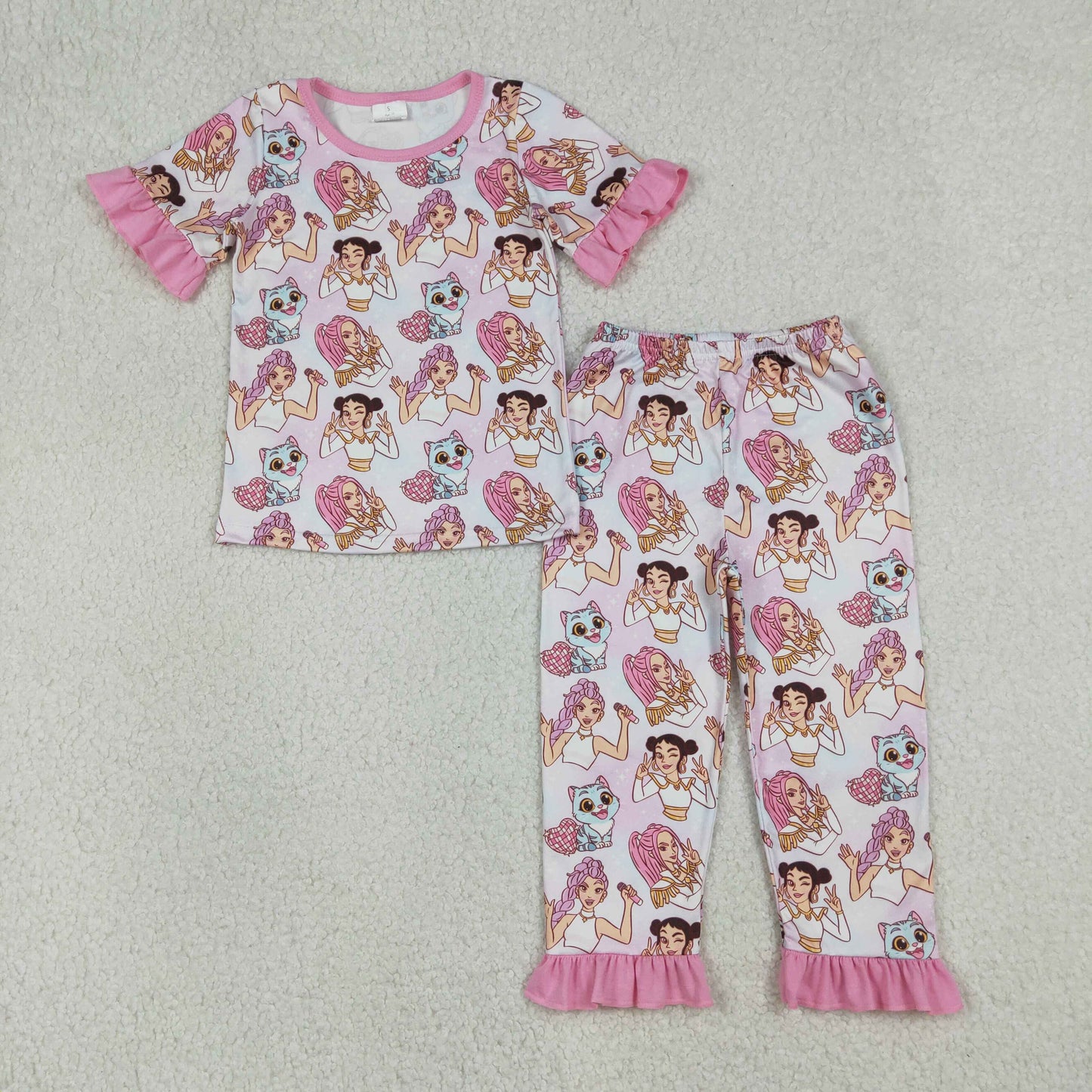 1.9 RTS NO MOQ （In stock）GSPO2248 Baby Girls Cartoon Demon Hunters Top Ruffle Pants Pajamas Sets