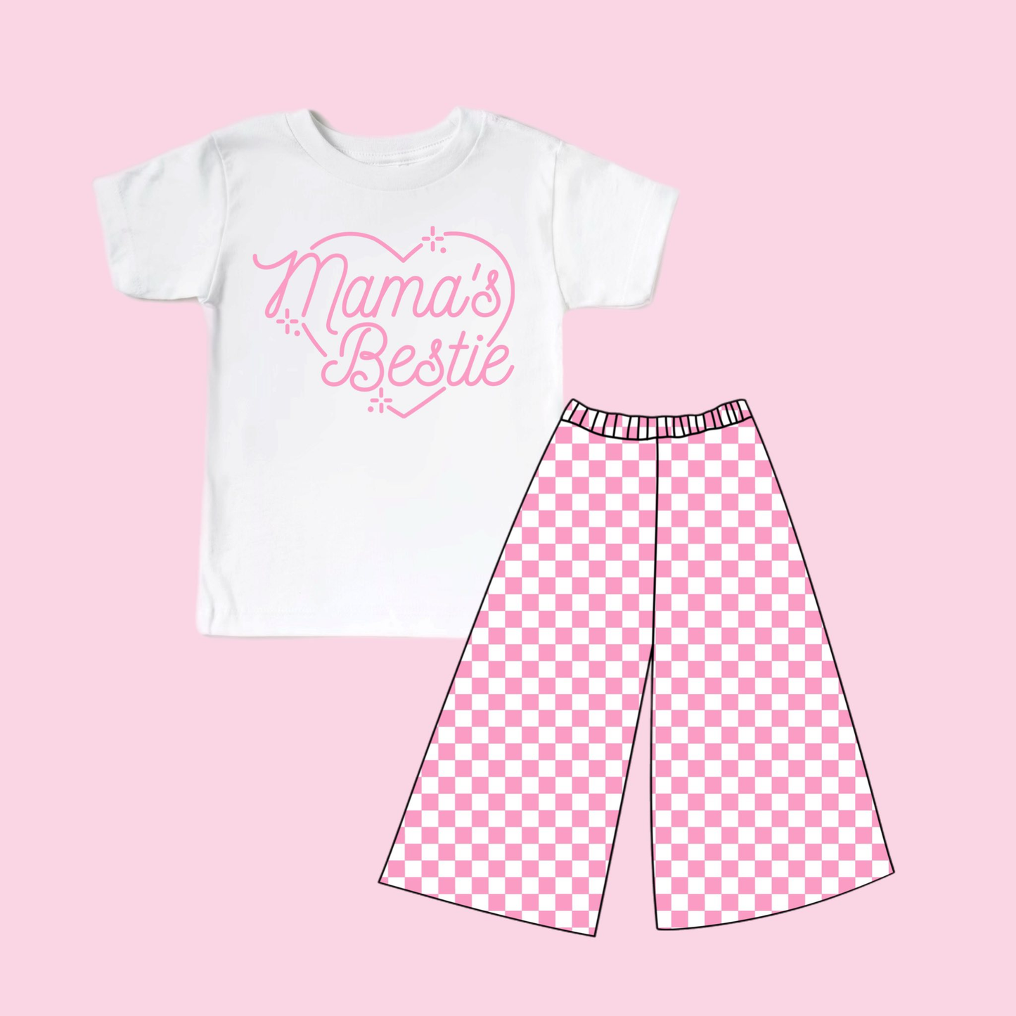 12.11 GSPO2249 Pre order No Moq Baby Girls Mama's Bestie Heart Top Pink Checked Flare Pants Clothes Sets