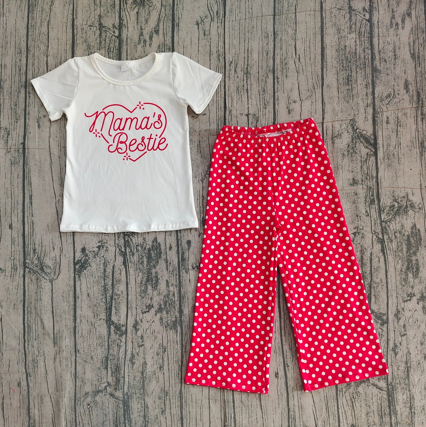 12.20 GSPO2250 Smple No Moq Baby Girls Mama's Bestie Heart Top Polka Dots Flare Pants Clothes Sets