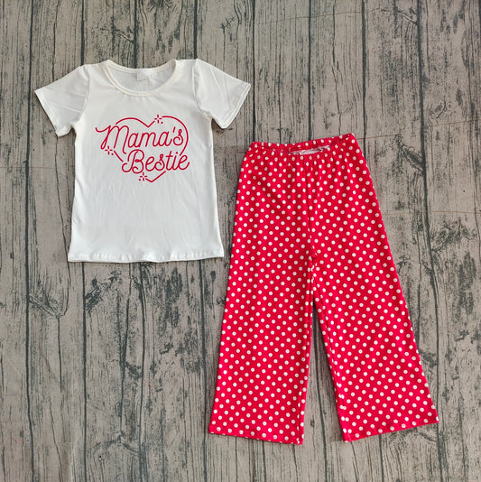 12.20 GSPO2250 Smple No Moq Baby Girls Mama's Bestie Heart Top Polka Dots Flare Pants Clothes Sets