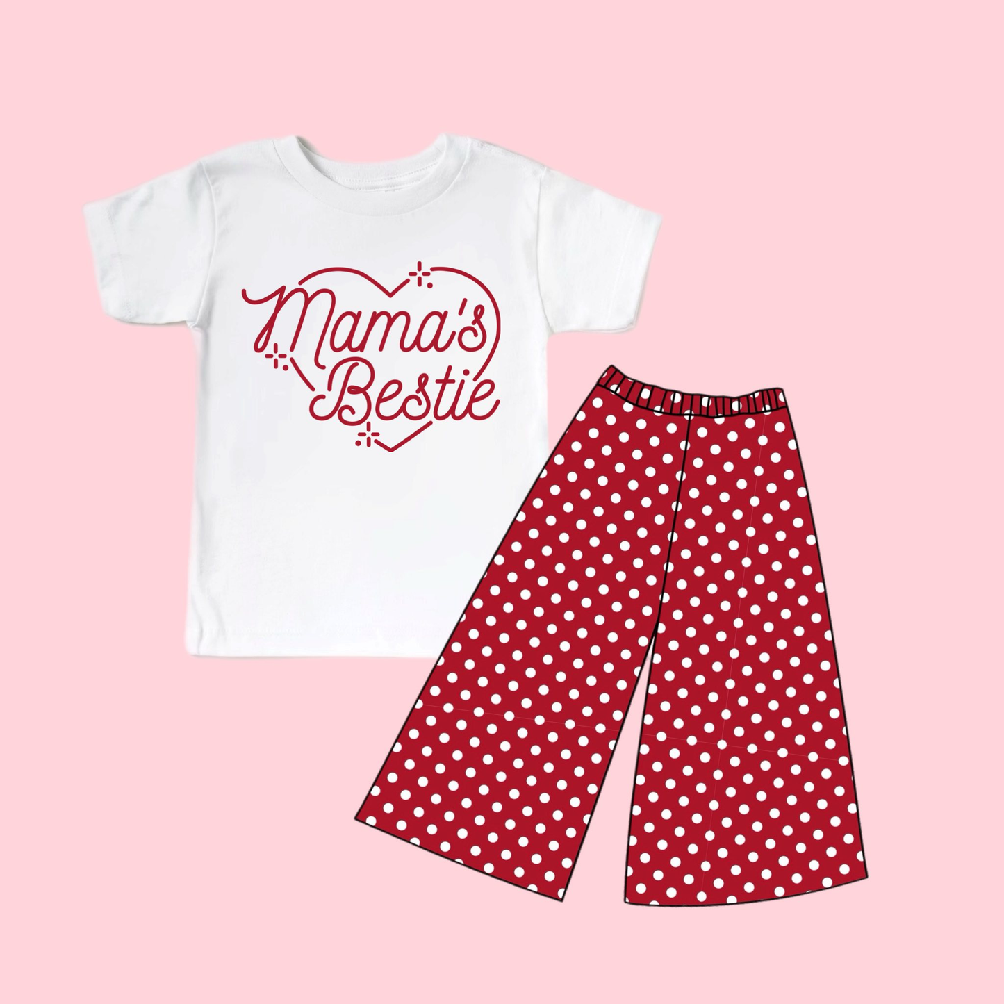 12.11 GSPO2250 Pre order No Moq Baby Girls Mama's Bestie Heart Top Red Polka Dots Flare Pants Clothes Sets