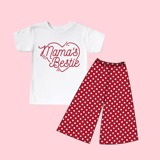12.11 GSPO2250 Pre order No Moq Baby Girls Mama's Bestie Heart Top Red Polka Dots Flare Pants Clothes Sets