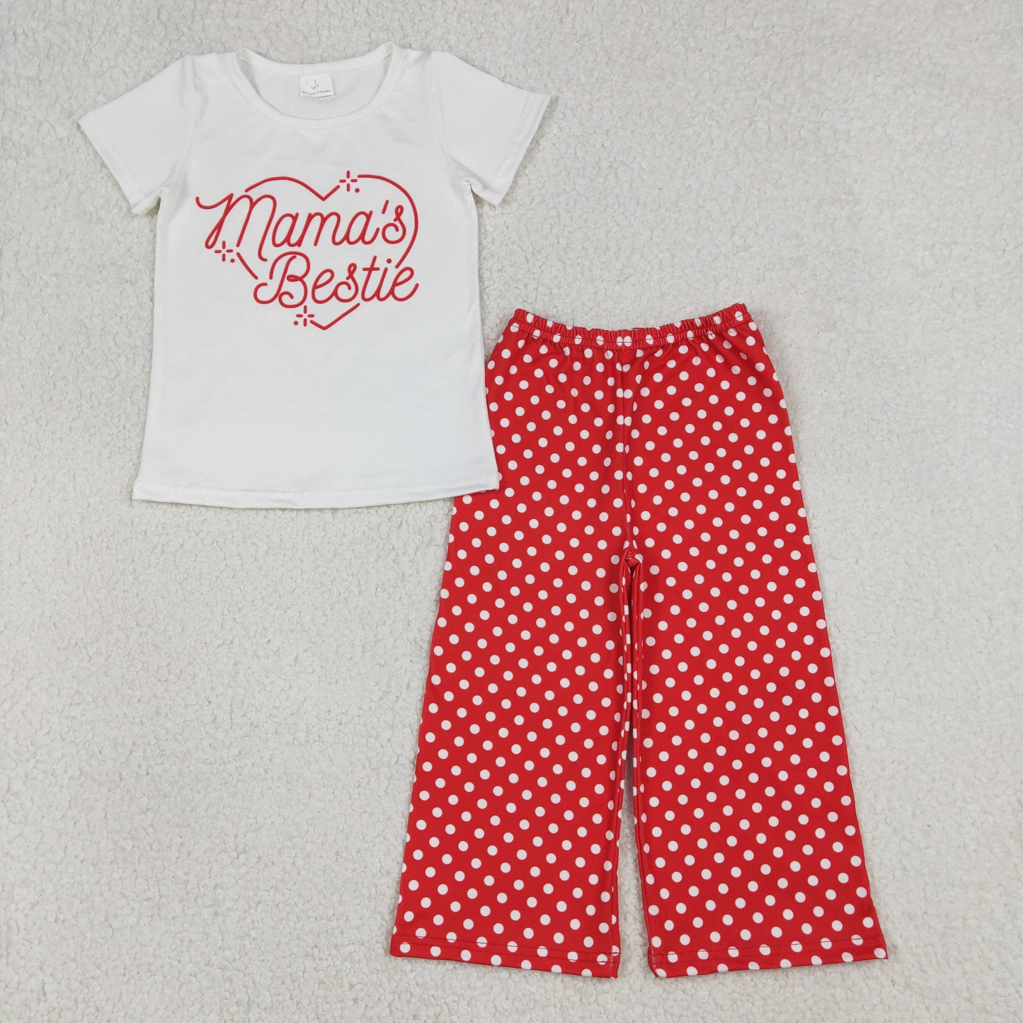 1.9 RTS NO MOQ （In stock）GSPO2250 Baby Girls Mama's Bestie Heart Top Polka Dots Flare Pants Clothes Sets