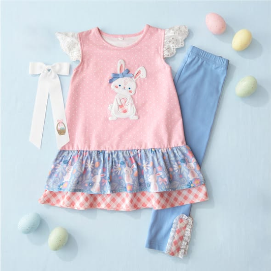 12.11 GSPO2251 Pre order No Moq Baby Girls Flutter Sleeve Rabbits Flowers Tunic Leggings Easter Clothes Sets