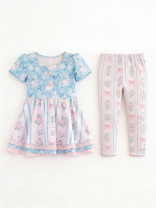 12.11 GSPO2252 Pre order No Moq Baby Girls Rabbit Flowers Stripe Tunic Legging Pants Easter Clothes Sets
