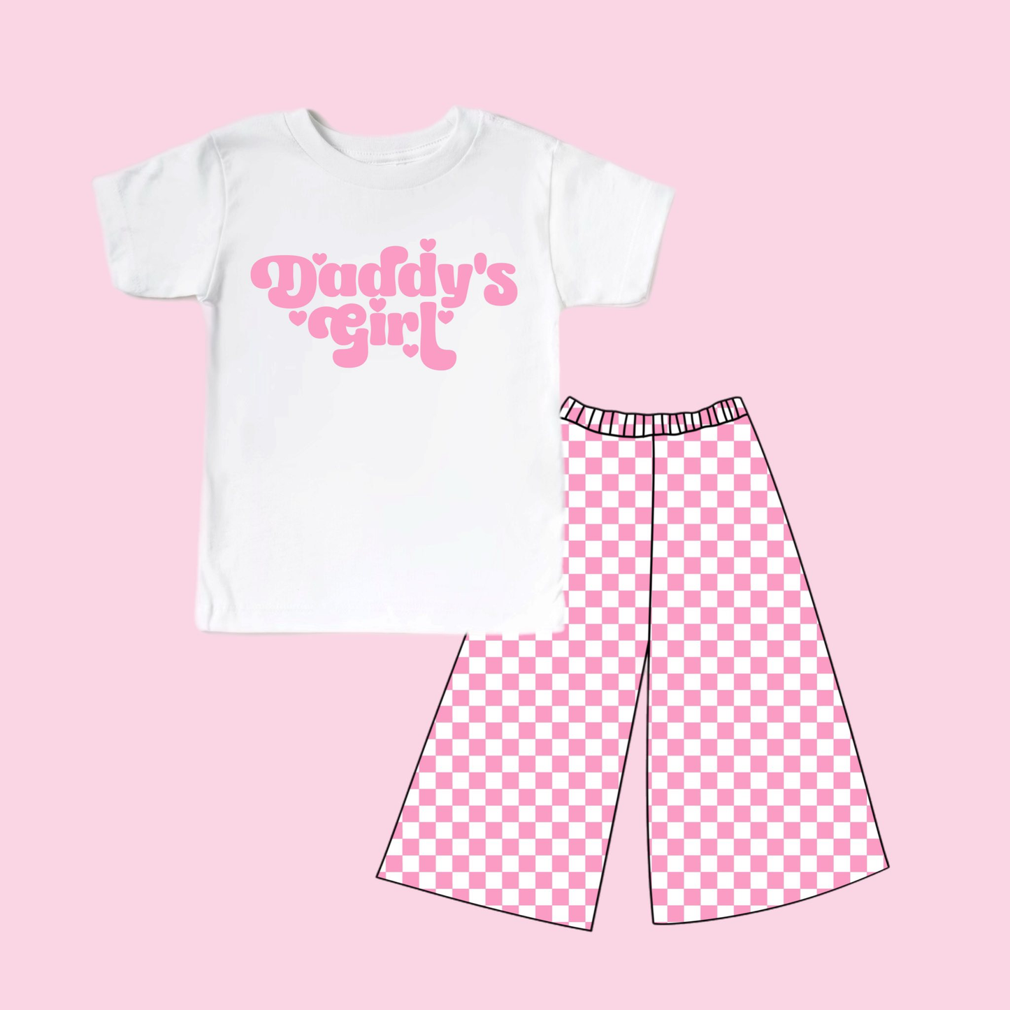 12.12 GSPO2257 Pre order No Moq Baby Girls Daddy's Girl Heart Top Pink Checked Flare Pants Clothes Sets