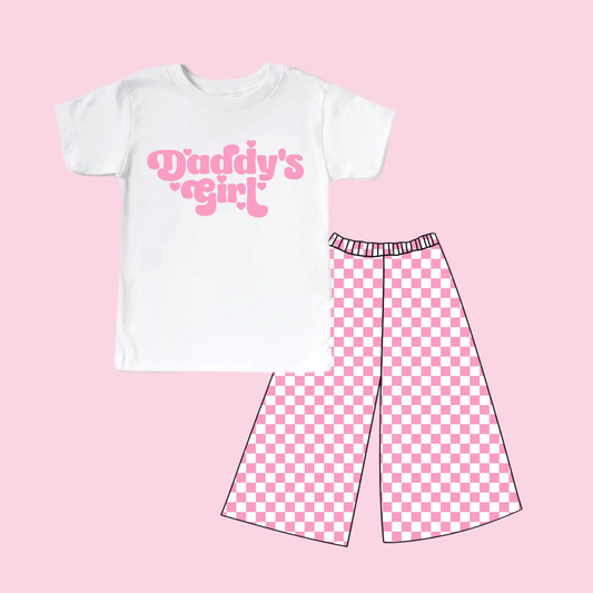 12.12 GSPO2257 Pre order No Moq Baby Girls Daddy's Girl Heart Top Pink Checked Flare Pants Clothes Sets