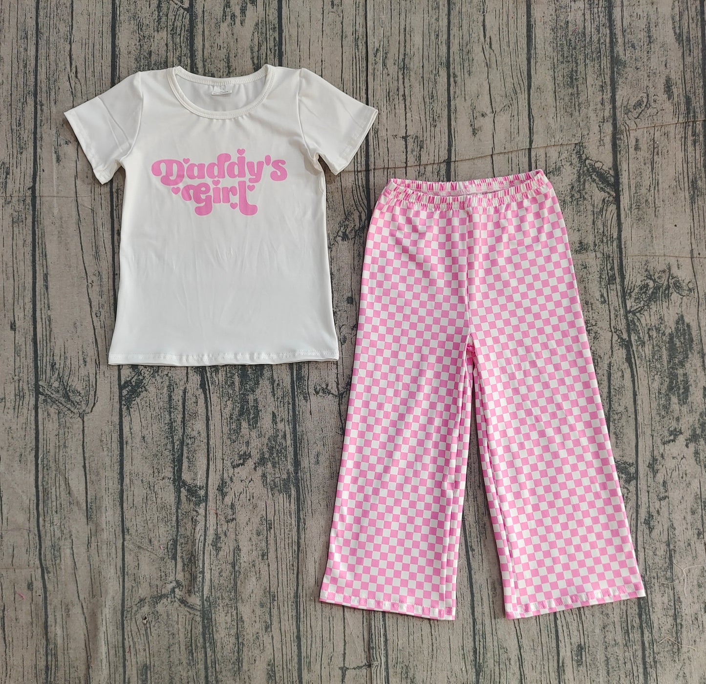 12.20 GSPO2257 Smple No Moq Baby Girls Daddy's Girl Heart Top Checked Flare Pants Clothes Sets
