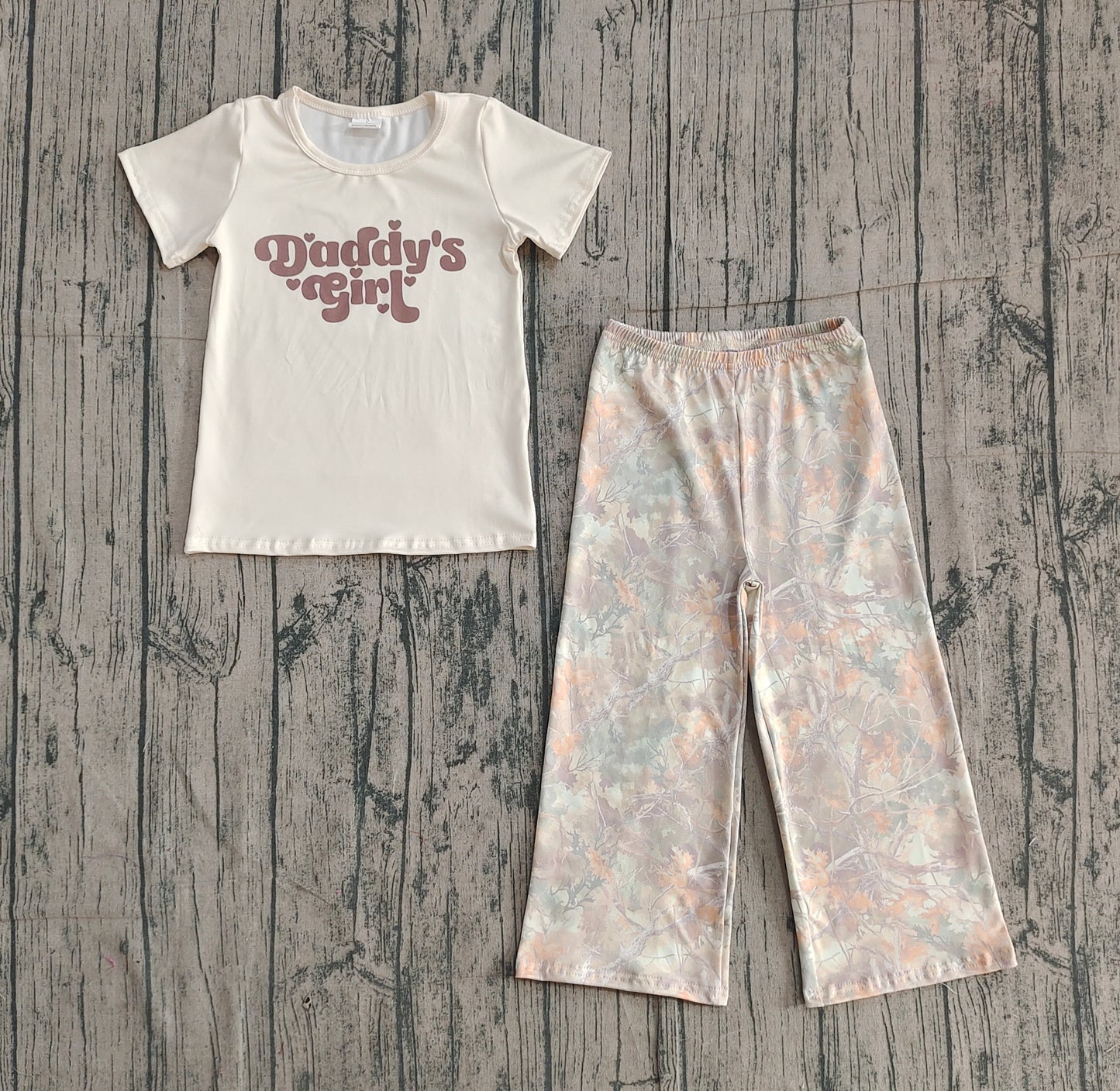 12.20 GSPO2258 Smple No Moq Baby Girls Daddy's Girl Top Leaves Camo Flare Pants Clothes Set