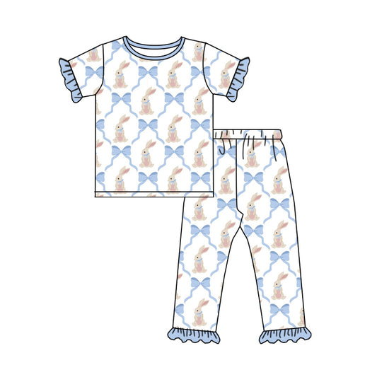 12.13 GSPO2260 Pre order No Moq Baby Girls Bows Rabbits Checked Top Ruffle Pants Easter Pajamas Set