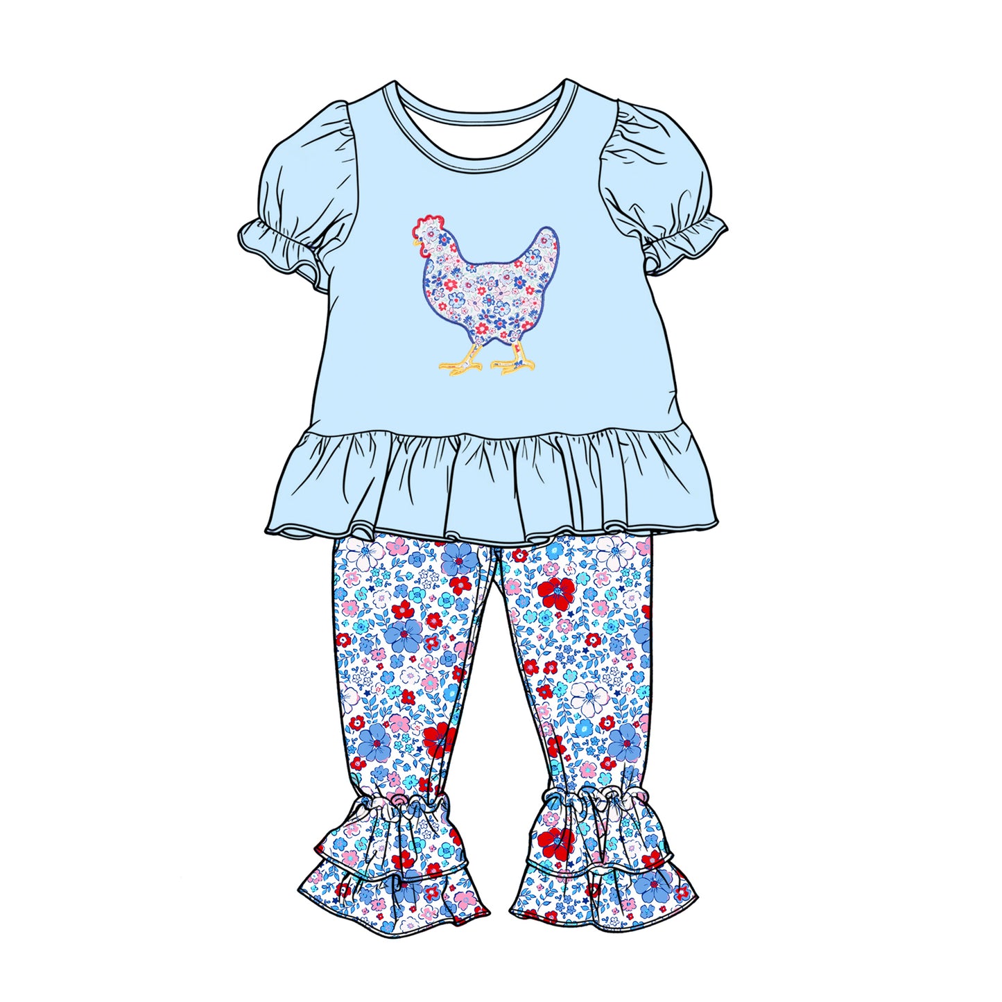 12.13 GSPO2261 Pre order No Moq Baby Girls Colorful Floral Chick Tunic Ruffle Pants Farm Clothes Set