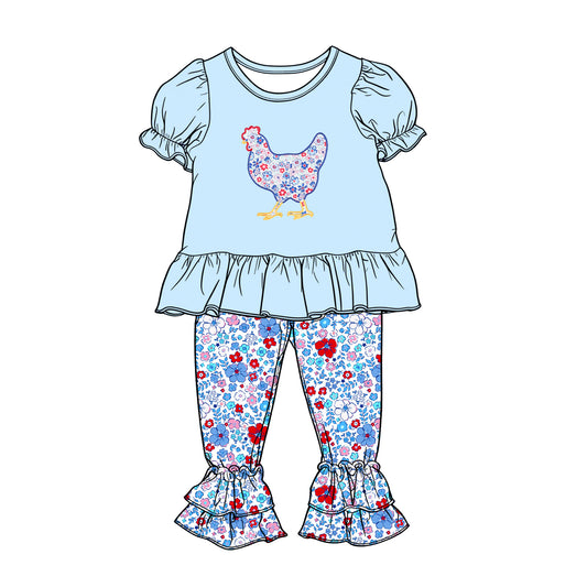 12.13 GSPO2261 Pre order No Moq Baby Girls Colorful Floral Chick Tunic Ruffle Pants Farm Clothes Set