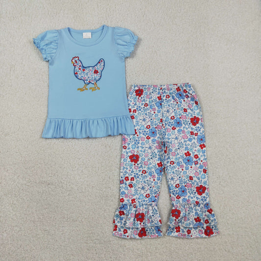 1.31 RTS NO MOQ （In stock）GSPO2261 Embroidery Floral Chick Baby Girls Tunic Ruffle Pants Farm Clothes Set
