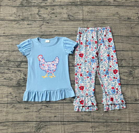 1.5 GSPO2261 Smple No Moq Embroidery Floral Chick Baby Girls Tunic Ruffle Pants Farm Clothes Set