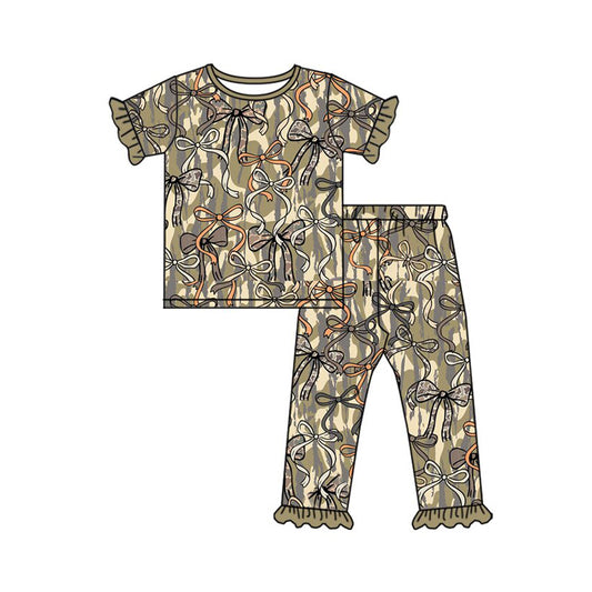 12.16 GSPO2264 Pre order No Moq Baby Girls Southern Olive Camo Bows Top Ruffle Pants Hunting Pajamas Sets