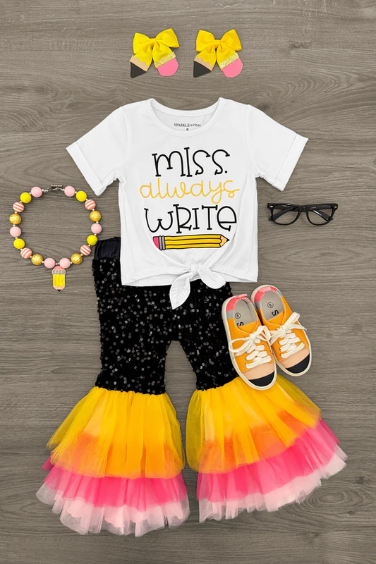 12.17 GSPO2265 Pre order No Moq Baby Girls Miss Always Write Top Bell Bottom Pants Back to School Clothes Sets