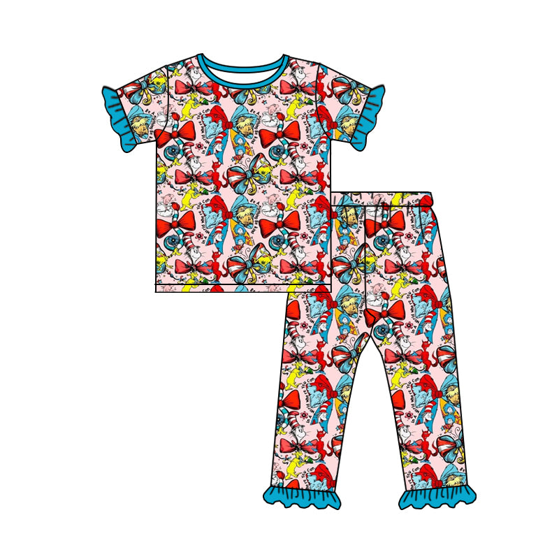1.5 GSPO2276 Pre order No Moq Baby Girls Cartoon Dr Reading Bows Top Ruffle Pants Pajamas Sets