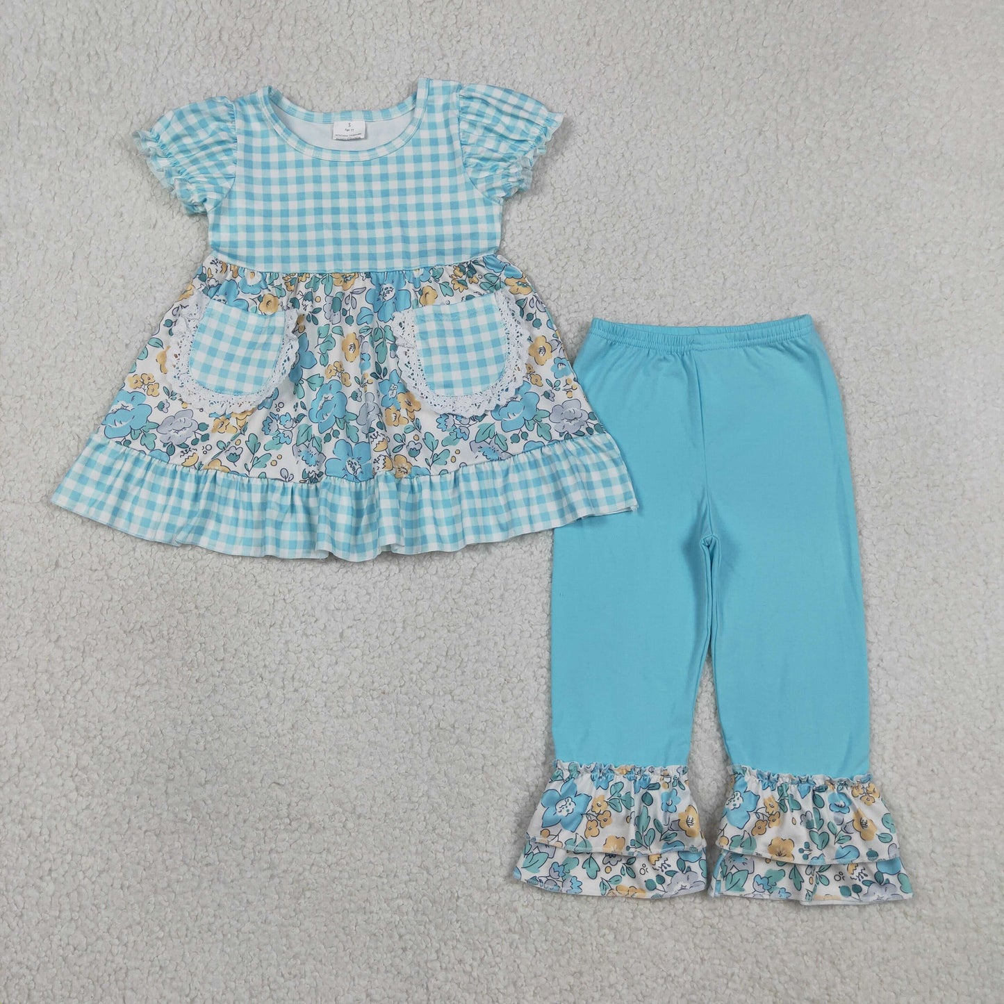 GSPO2282 RTS NO MOQ （In stock ）Short sleeves plaid floral tunic pants girls outfits