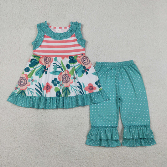 4.10 GSPO2314 RTS NO MOQ （In stock ）Baby Girls Sleeveless Flowers Polka Dots Tunic Ruffle Pants Clothes Set
