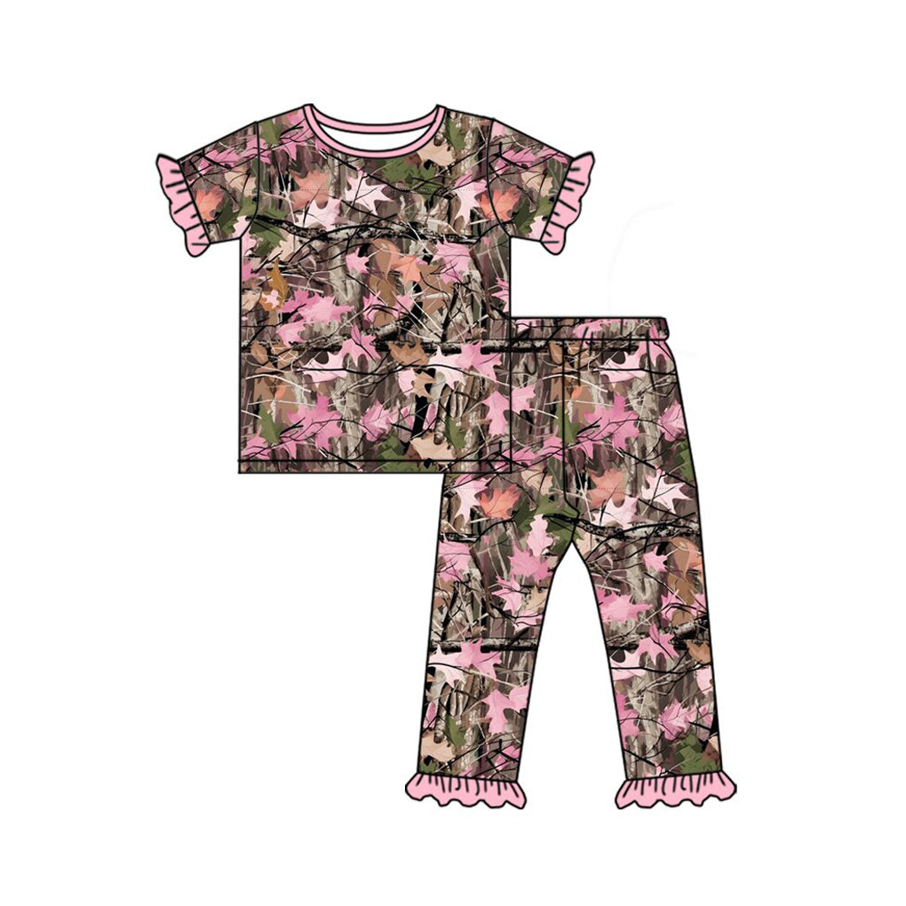 4.21 Pre order No Moq Baby Girls Short Sleeve Pink Leaves Camo Top Ruffle Pant Pajamas Sets dress and romper