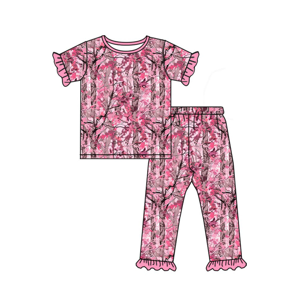 4.21 Pre order No Moq Baby Girls Short Sleeve Pink Leaves Camo Top Ruffle Pant Pajamas Sets dress and romper